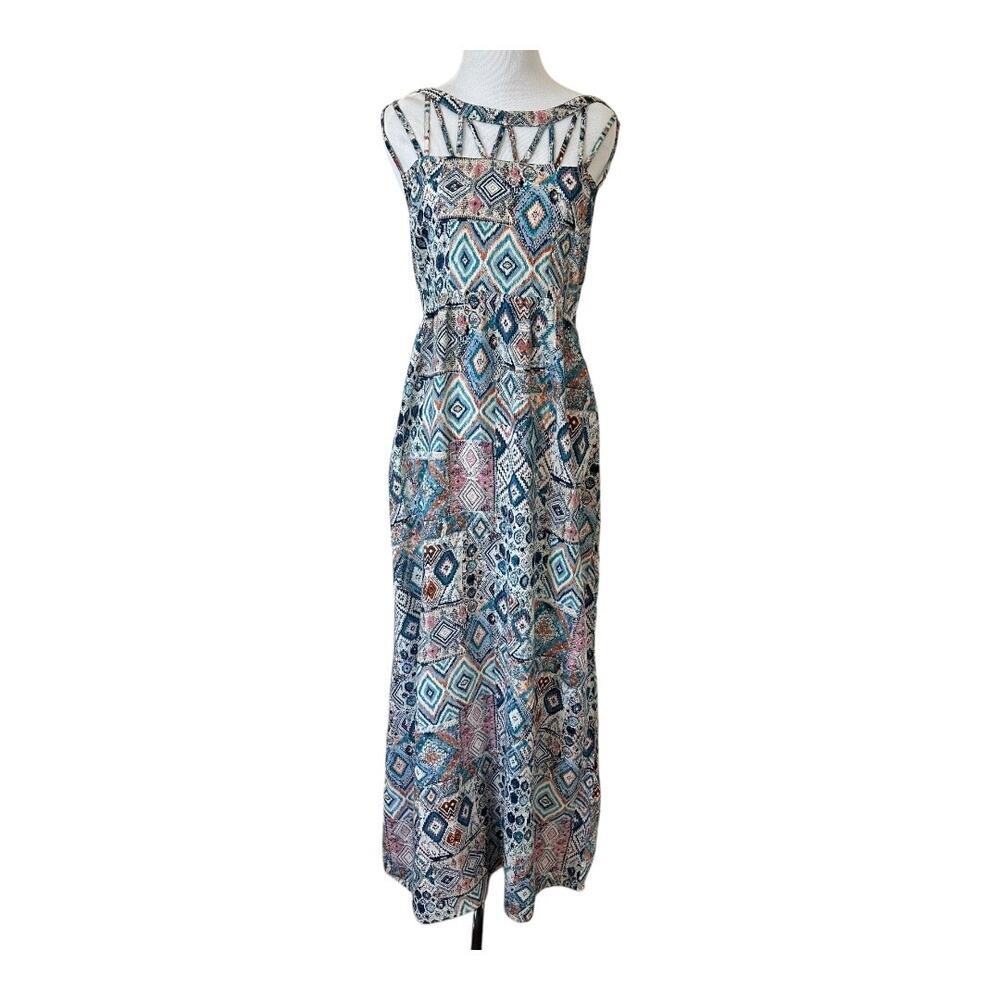 Desert Boho Aztec Maxi Dress Cutout Back Sleeveless Festival Size M Goddess - Picture 2 of 9